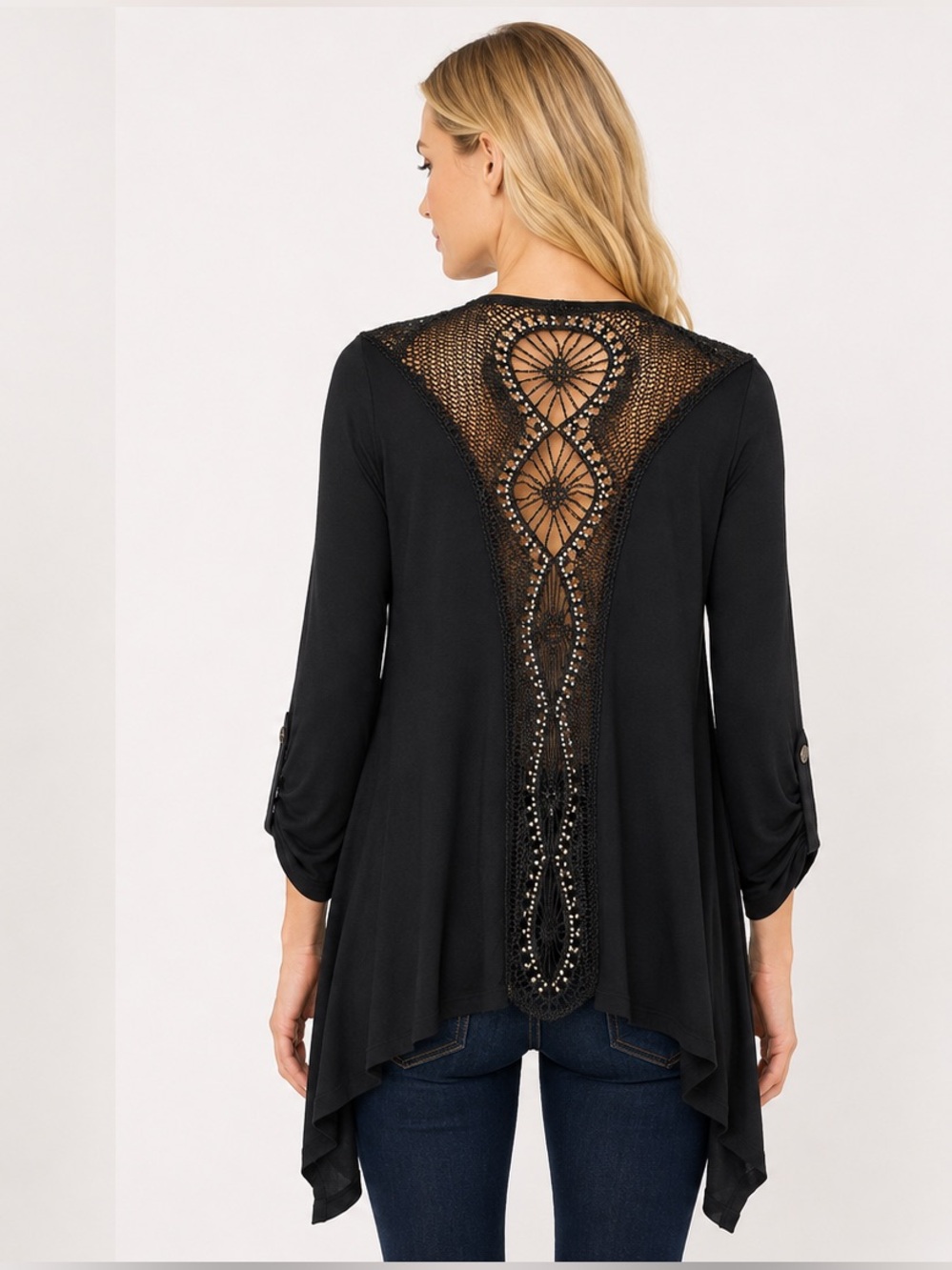 Neiman Marcus Crochet & Beaded Back Waterfall Cardigan Wrap Black Size Small NWT